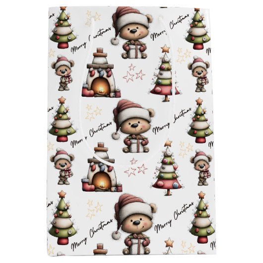 Whimsical Teddy Bear Christmas White Background Medium Cadeauzakje (Voorkant)