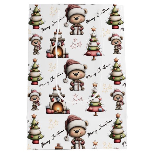 Whimsical Teddy Bear Christmas White Background Medium Cadeauzakje (Achterkant)