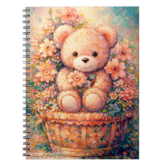 Whimsical teddybeer in bloemenmand pastel kunst notitieboek