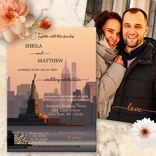 Whimsical Terra Cotta New York QR Photo Wedding Kaart