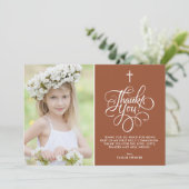 Whimsical Terracotta Eerste Heilige Communie Foto Bedankkaart (Staand voorkant)