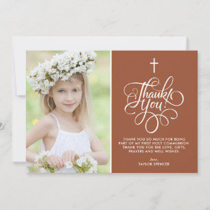 Whimsical Terracotta Eerste Heilige Communie Foto Bedankkaart