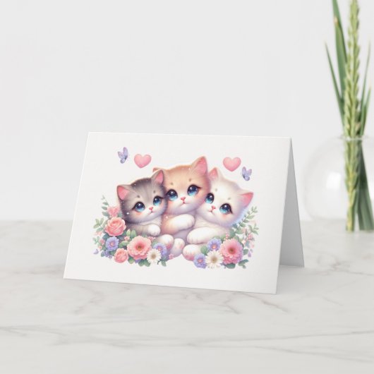 Whimsical Three-Kitten Pastel Floral Blank Kaart (Voorkant)