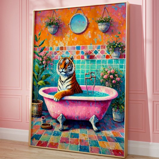 Whimsical Tijger in Roze Badkuip Boho Badkamer Art Poster