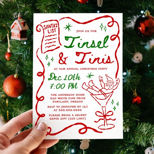 Whimsical Tinsel and Tinis Christmas Party Kaart