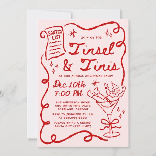 Whimsical Tinsel and Tinis Christmas Party Kaart (Voorkant)