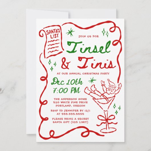 Whimsical Tinsel and Tinis Christmas Party Kaart (Voorkant)