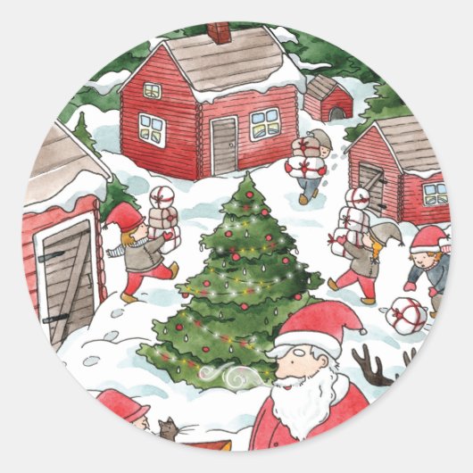 Whimsical Tomten Kerstmis Waterverf Ronde Sticker (Voorkant)