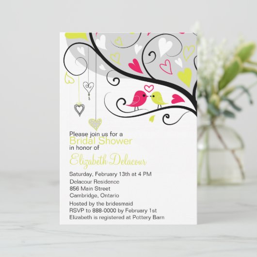 Whimsical Tortelduifjes Gray Bridal Shower Invitat Kaart (Staand voorkant)