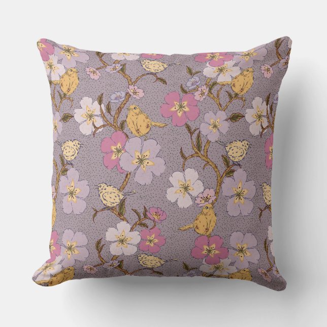 Whimsical Trailing Florals and Birds - Lavendel Kussen (Voorkant)
