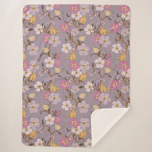 Whimsical Trailing Florals and Birds - Lavendel Sherpa Deken (Voorkant)