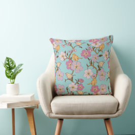 Whimsical Trailing Florals and Birds - Turquoise Kussen