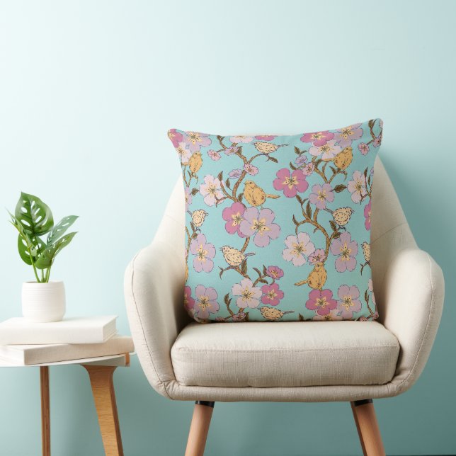 Whimsical Trailing Florals and Birds - Turquoise Kussen (Stoel)