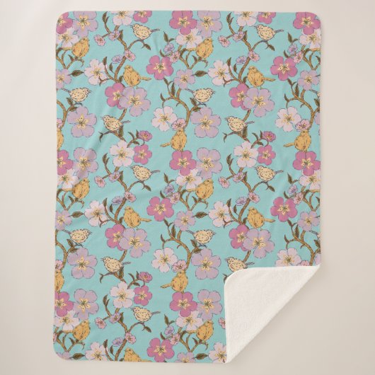 Whimsical Trailing Florals and Birds - Turquoise Sherpa Deken (Voorkant)