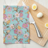 Whimsical Trailing Florals and Birds - Turquoise Theedoek (Quarter Fold)