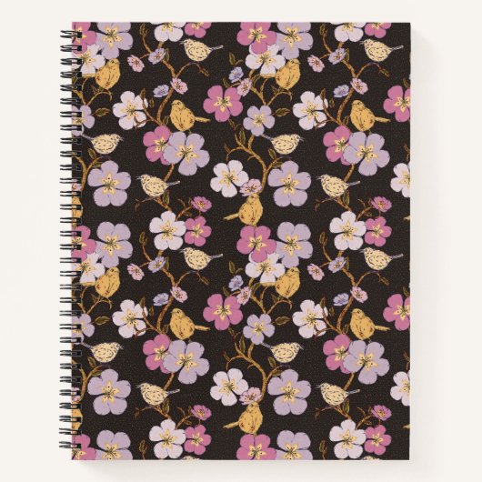 Whimsical Trailing Florals and Birds - Zwart/Grijs Notitieboek (Voorkant)