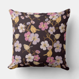 Whimsical Trailing Florals and Birds - Zwart/Rood Kussen