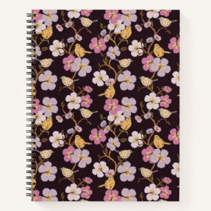 Whimsical Trailing Florals and Birds - Zwart/Rood Notitieboek