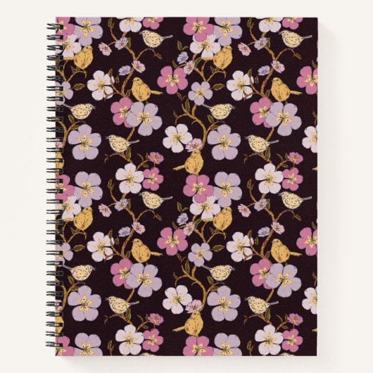 Whimsical Trailing Florals and Birds - Zwart/Rood Notitieboek (Voorkant)