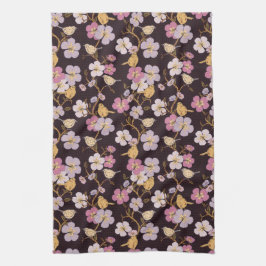 Whimsical Trailing Florals and Birds - Zwart/Rood Theedoek