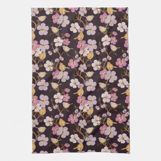 Whimsical Trailing Florals and Birds - Zwart/Rood Theedoek (Verticaal)