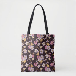 Whimsical Trailing Florals and Birds - Zwart/Rood Tote Bag