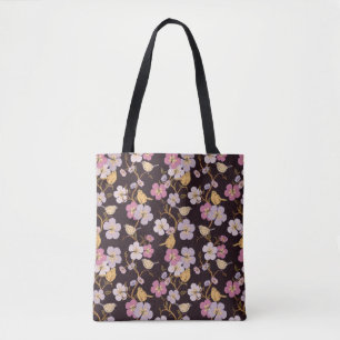 Whimsical Trailing Florals and Birds - Zwart/Rood Tote Bag