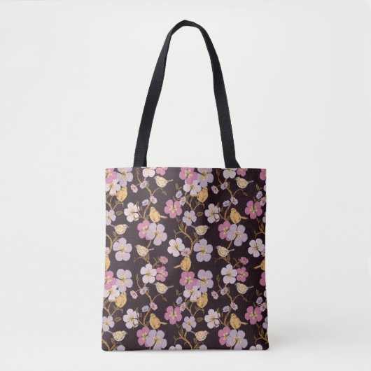 Whimsical Trailing Florals and Birds - Zwart/Rood Tote Bag (Voorkant)
