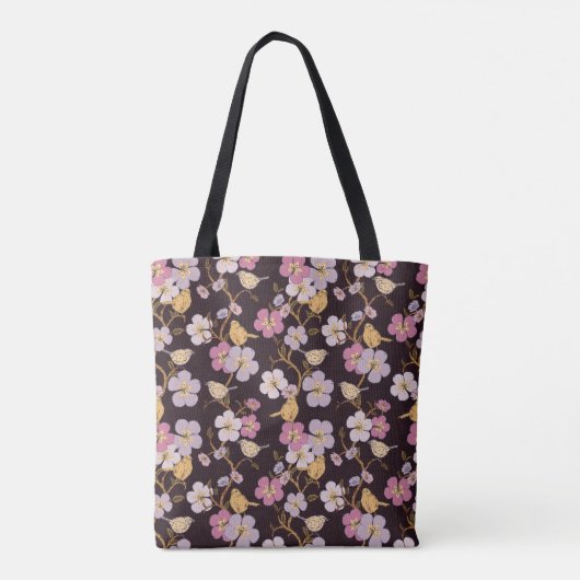 Whimsical Trailing Florals and Birds - Zwart/Rood Tote Bag (Achterkant)