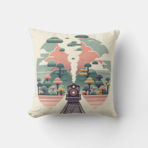 Whimsical Train Journey: Retro-stijl landschap Kussen