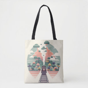 Whimsical Train Journey: Retro-stijl landschap Tote Bag