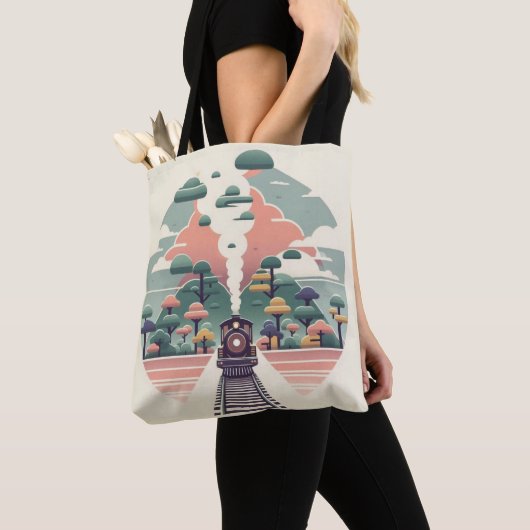Whimsical Train Journey: Retro-stijl landschap Tote Bag (Dichtbij)