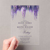 Whimsical Transparent Paarse Bloemen Huwelijk Acryl Uitnodigingen (Insitu (Draagbaar))