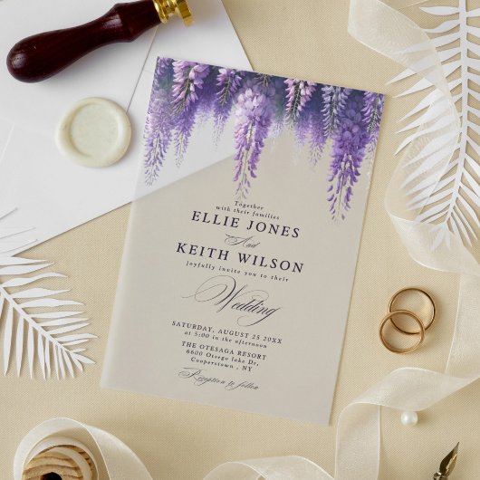 Whimsical Transparent Paarse Bloemen Huwelijk Acryl Uitnodigingen