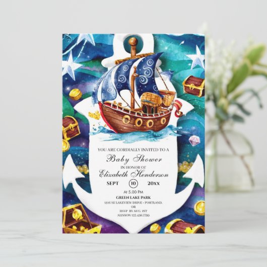Whimsical Treasure Pirate Baby shower Kaart (Staand voorkant)