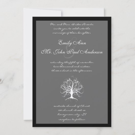 Whimsical Tree Black Borders Wedding Invite Kaart (Voorkant)