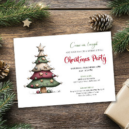 Whimsical tree classic red green Christmas invite Kaart