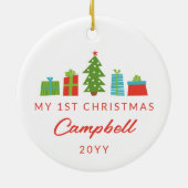 Whimsical Tree & Gifts 1e kerstfoto Keramisch Ornament (Achterkant)