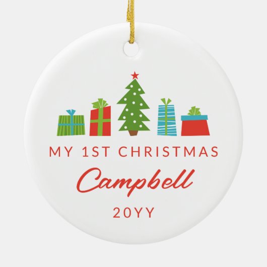 Whimsical Tree & Gifts 1e kerstfoto Keramisch Ornament (Achterkant)