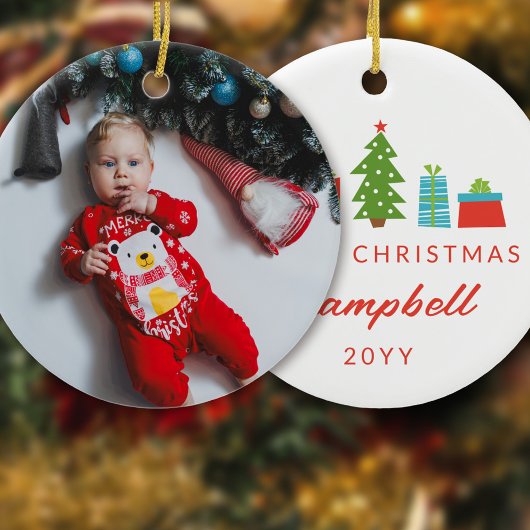 Whimsical Tree & Gifts 1e kerstfoto Keramisch Ornament