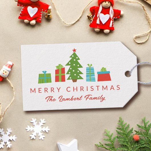 Whimsical Tree & Gifts Vrolijk Kerstfeest Cadeaulabel