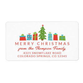 Whimsical Tree & Gifts Vrolijk Kerstfeest Etiket