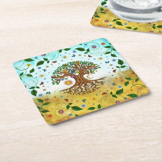 Whimsical Tree of Life - Yggdrasil Kartonnen Onderzetters (Schuin)