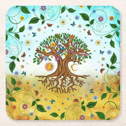 Whimsical Tree of Life - Yggdrasil Kartonnen Onderzetters (Voorkant)