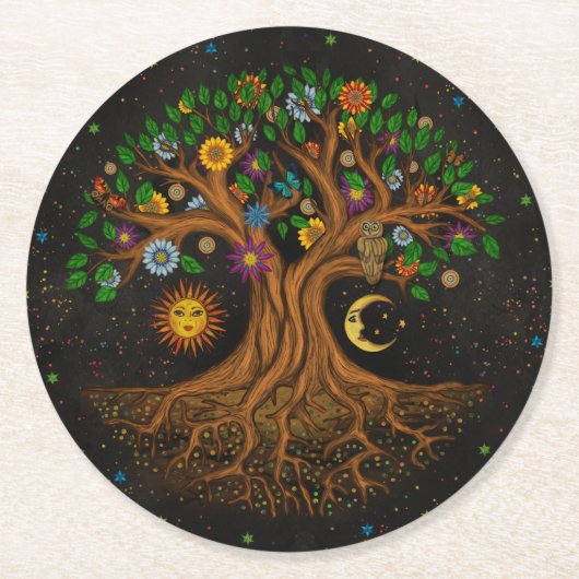 Whimsical Tree of Life - Yggdrasil Ronde Kartonnen Onderzetter (Voorkant)