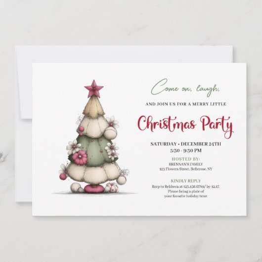 Whimsical tree red green festive party invitation kaart (Voorkant)