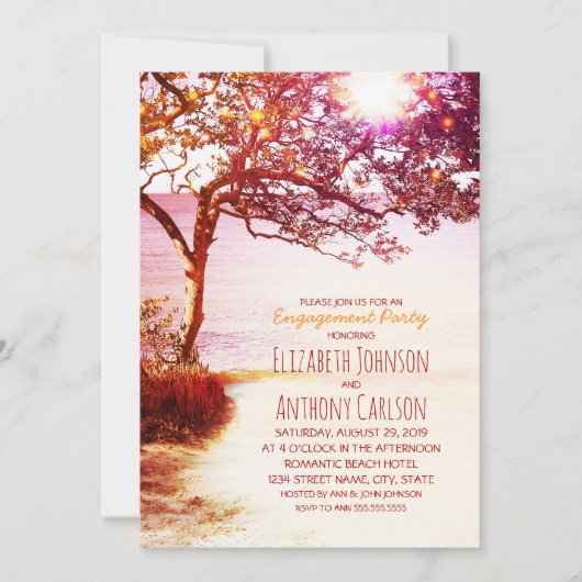Whimsical Tree Sunset Beach Engagement Party Kaart (Voorkant)