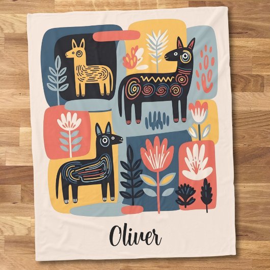 Whimsical Tribal Animals Floral Folk Art Fleece Deken