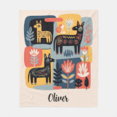 Whimsical Tribal Animals Floral Folk Art Fleece Deken (Voorkant)