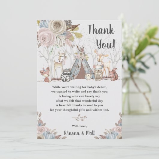 Whimsical Tribal Boho Woodland Animals Baby shower Bedankkaart (Staand voorkant)